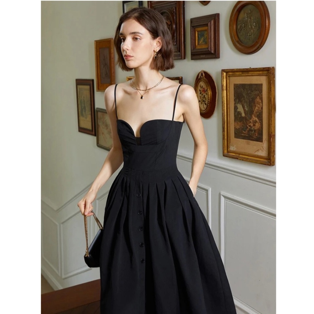 Black Midi Dress Flared Skirt Fitted Bustier Sweetheart Mesh Neckline Cami - Picture 12 of 15